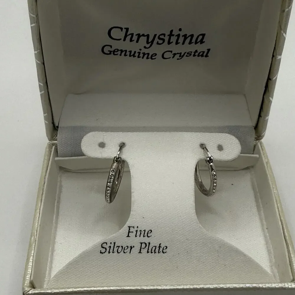 Chrystina Silver Hoop Earrings Genuine Crystal Fine‎ Silver Plated Classic